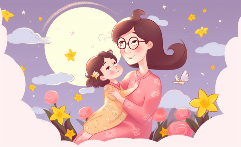 紫色母女相拥卡通小清新母亲节母女插画海报背景宣传图,插画/手绘图,插画/手绘图库,插画/手绘图下载,插画/手绘